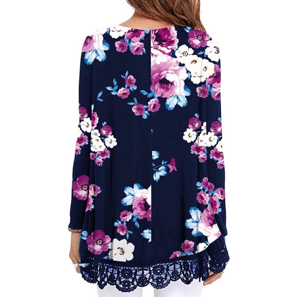 SALE! NAVY BLUE FLORAL TUNIC LACE TRIM BLOUSE - Picture 2 of 3